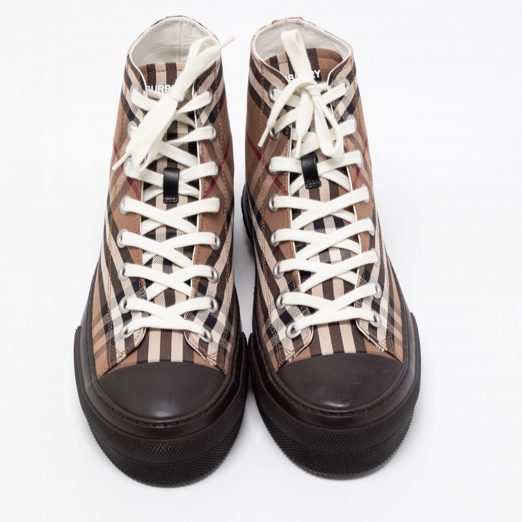 Pre Owned Burberry Brown/Beige Canvas Check Fabric High Top Sneakers Size 44