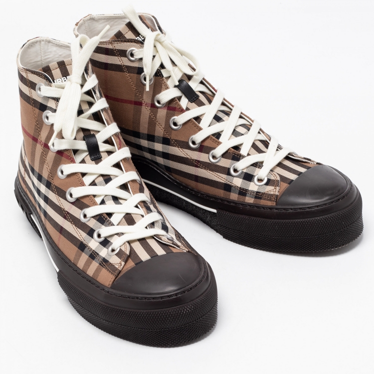 Pre Owned Burberry Brown/Beige Canvas Check Fabric High Top Sneakers Size 44
