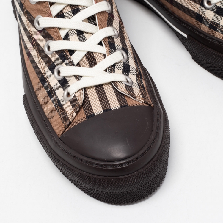 Pre Owned Burberry Brown/Beige Canvas Check Fabric High Top Sneakers Size 44