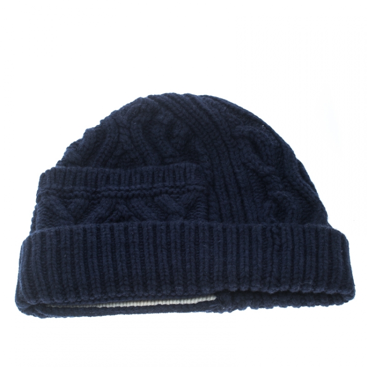 Pre Owned Burberry Navy Blue Chunky Cable Knit Wool and Cashmere Beanie