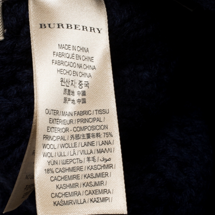 Pre Owned Burberry Navy Blue Chunky Cable Knit Wool and Cashmere Beanie