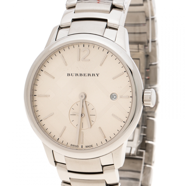 Pre Owned Burberry Silver Beige Stainless Steel Classic BU10004 Men's Wristwatch 40 mm