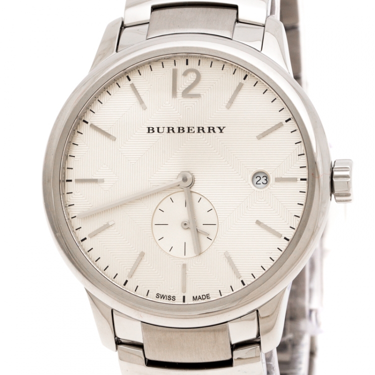 Pre Owned Burberry Silver Beige Stainless Steel Classic BU10004 Men's Wristwatch 40 mm