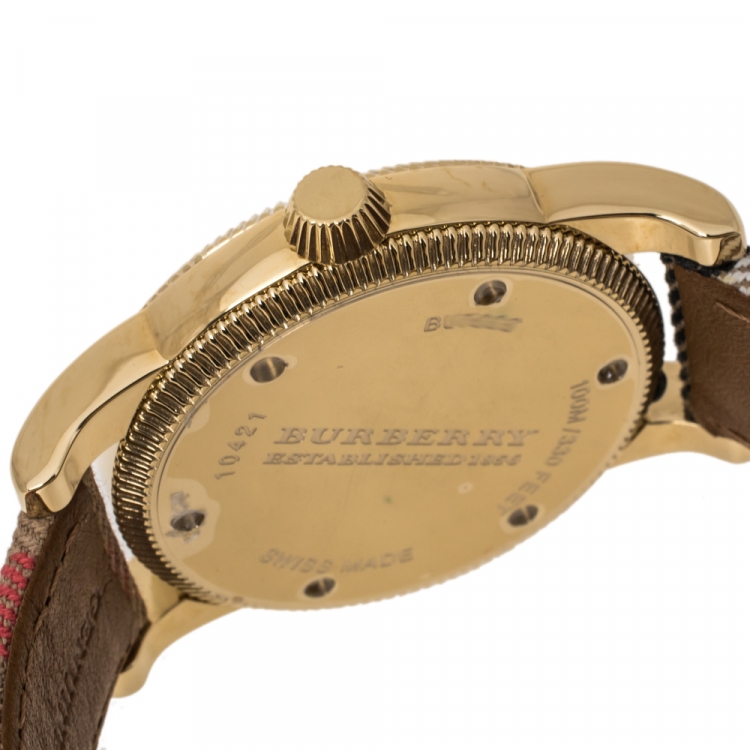 Pre Owned Burberry Brown Yellow Gold Tone Stainless Steel Plaid Canvas Leather BU7833 Men's Wristwatch 40 mm