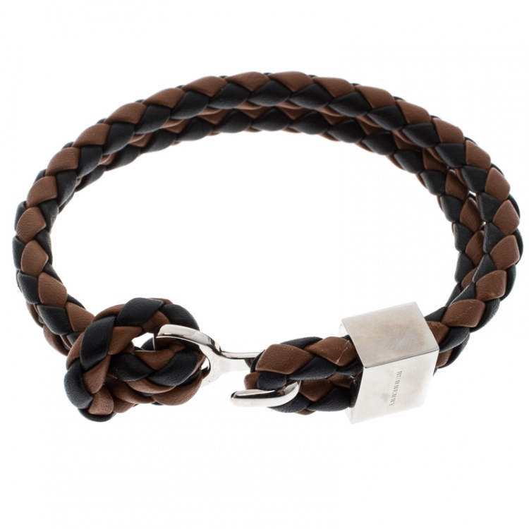 Pre Owned Burberry Two Tone Braided Leather Silver Tone Bracelet