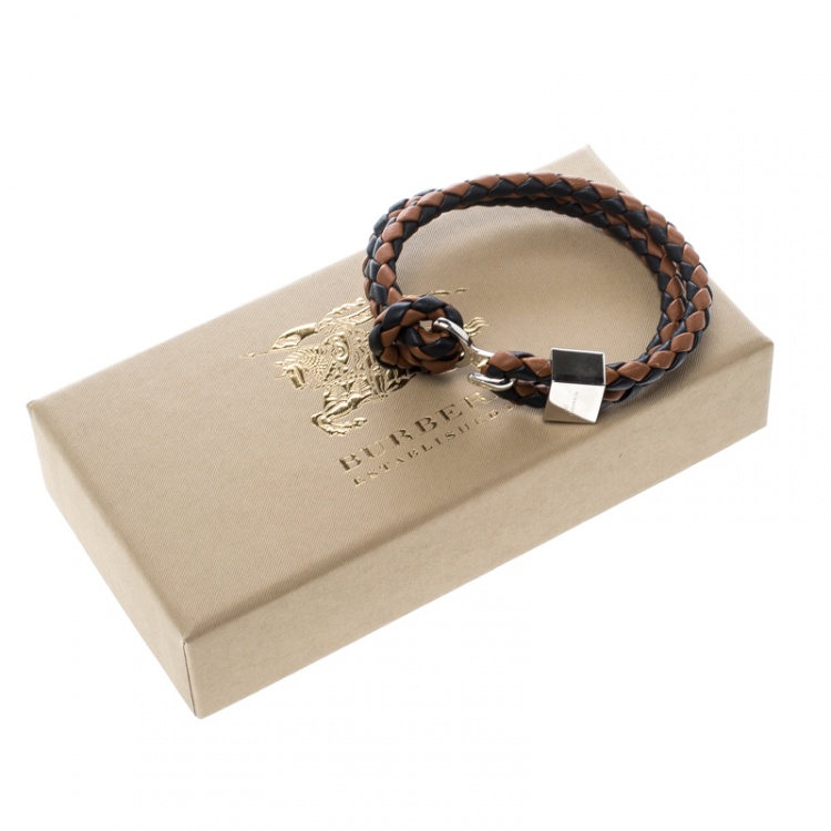 Pre Owned Burberry Two Tone Braided Leather Silver Tone Bracelet