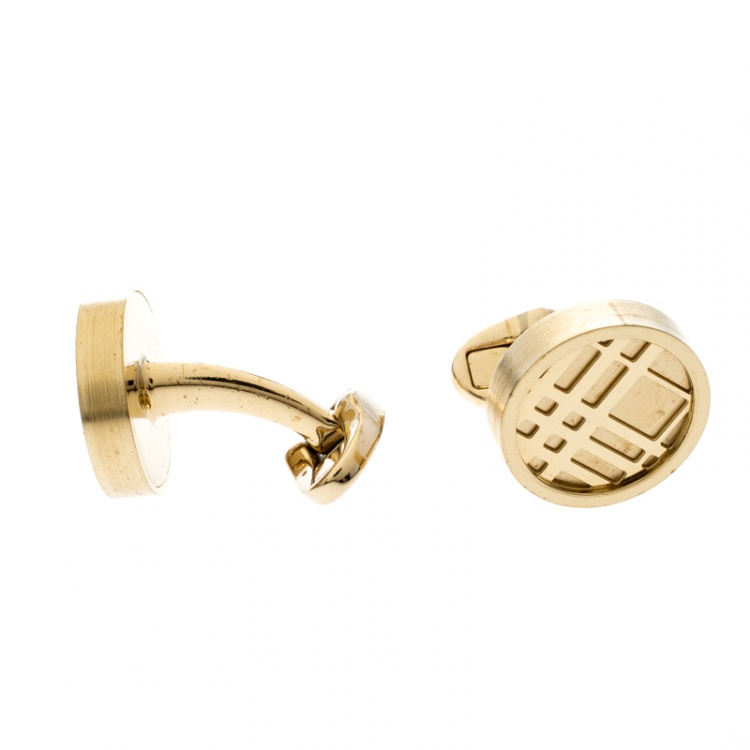 Pre Owned Burberry Check Engraved Gold Tone Round Cufflinks