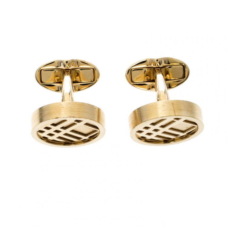 Pre Owned Burberry Check Engraved Gold Tone Round Cufflinks