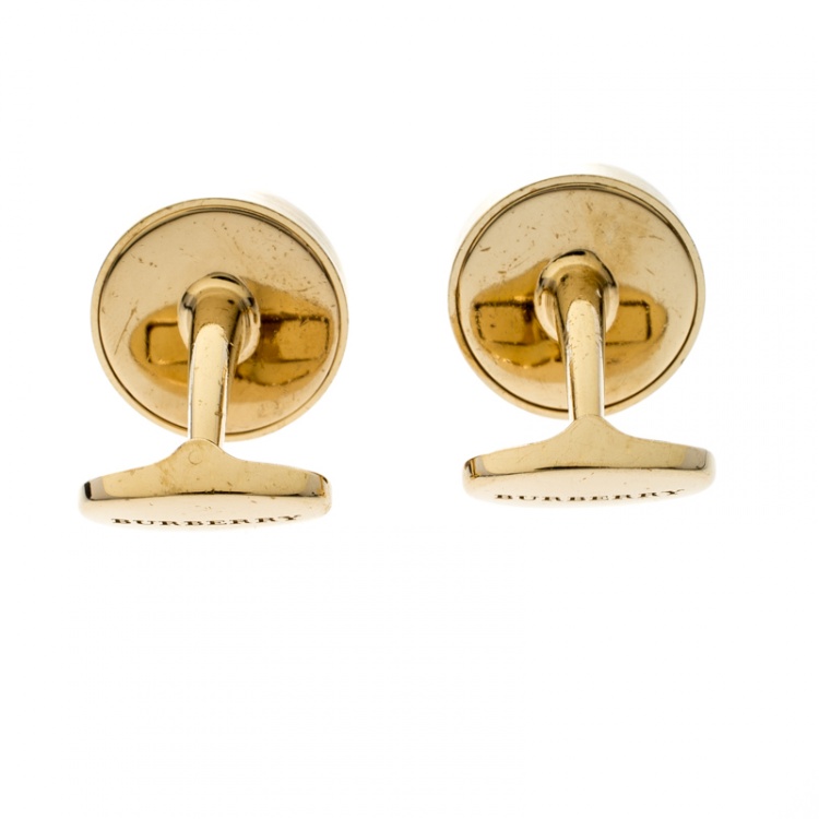 Pre Owned Burberry Check Engraved Gold Tone Round Cufflinks