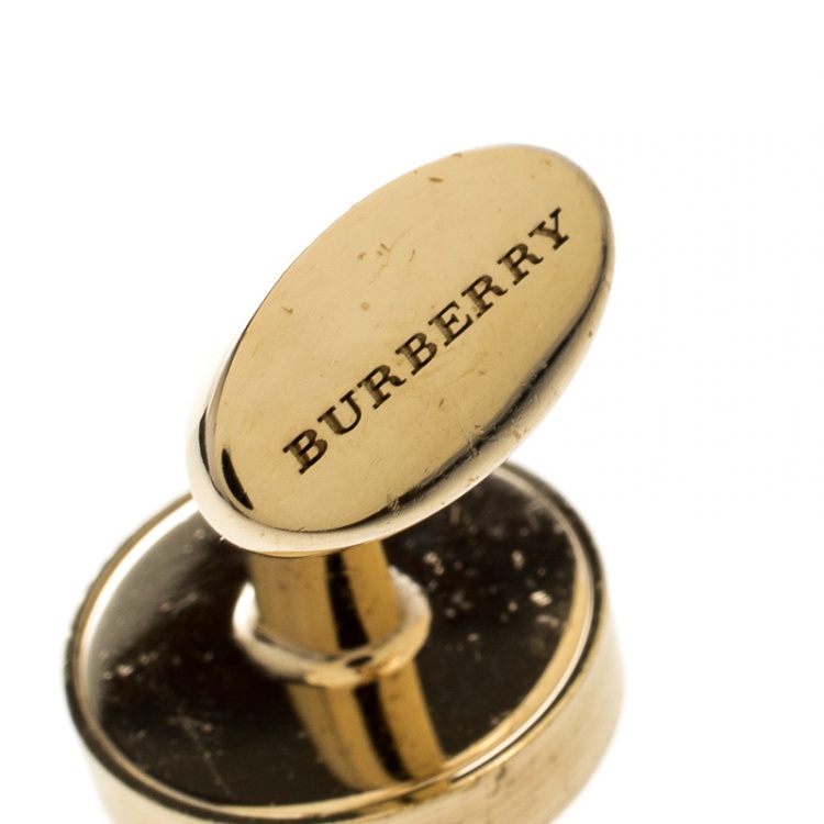 Pre Owned Burberry Check Engraved Gold Tone Round Cufflinks