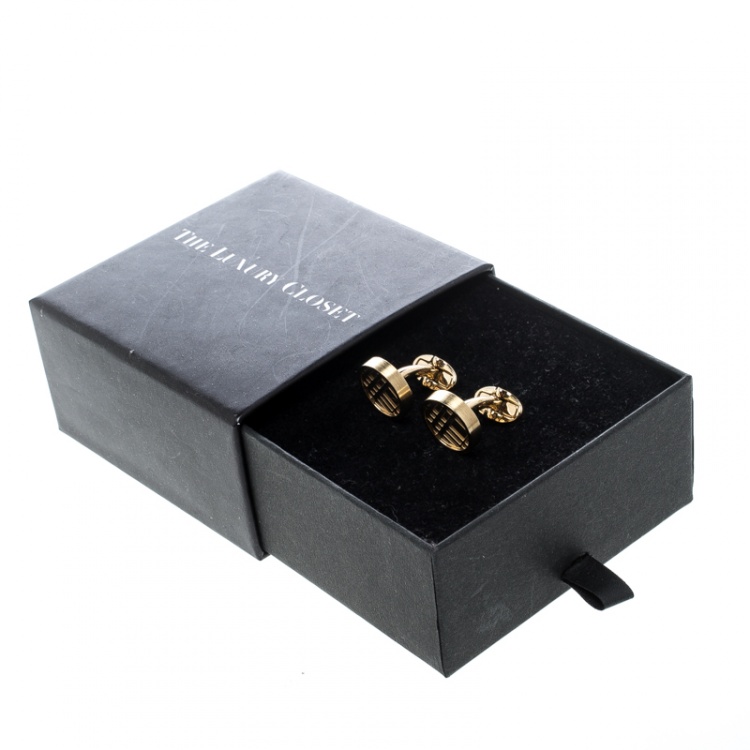 Pre Owned Burberry Check Engraved Gold Tone Round Cufflinks