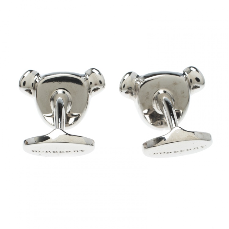 Pre Owned Burberry Teddy Bear Head Silver Tone Cufflinks