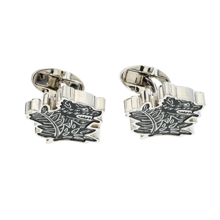 Pre Owned Burberry Wolf Enamel Silver Tone Cufflinks