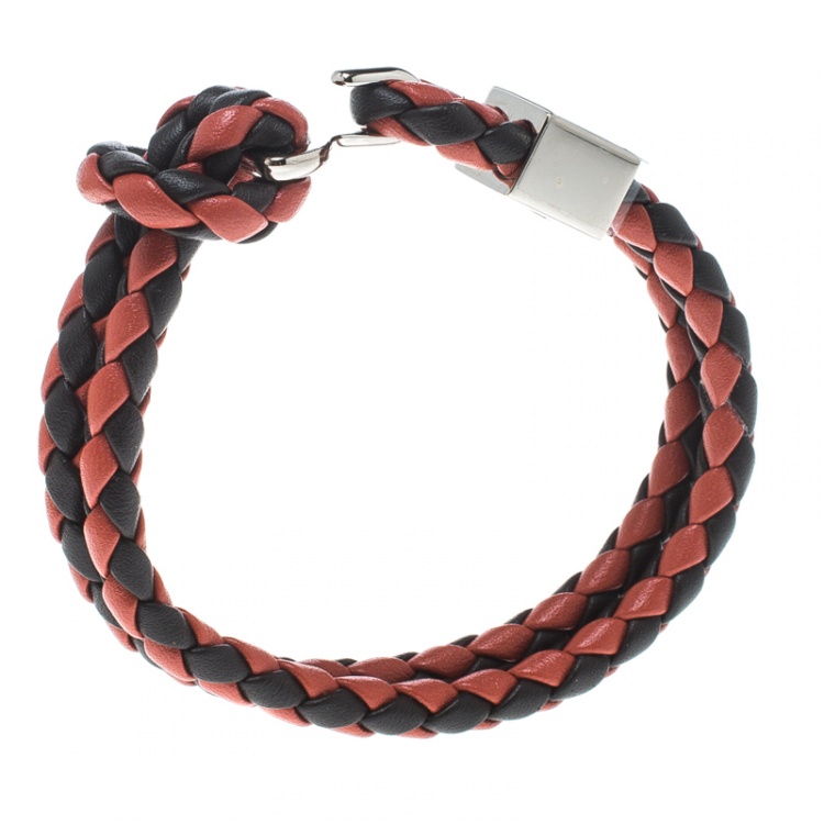 Pre Owned Burberry Two Tone Braided Leather Silver Tone Bracelet