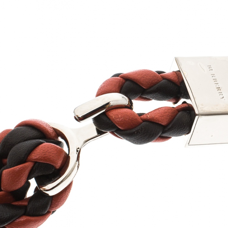 Pre Owned Burberry Two Tone Braided Leather Silver Tone Bracelet