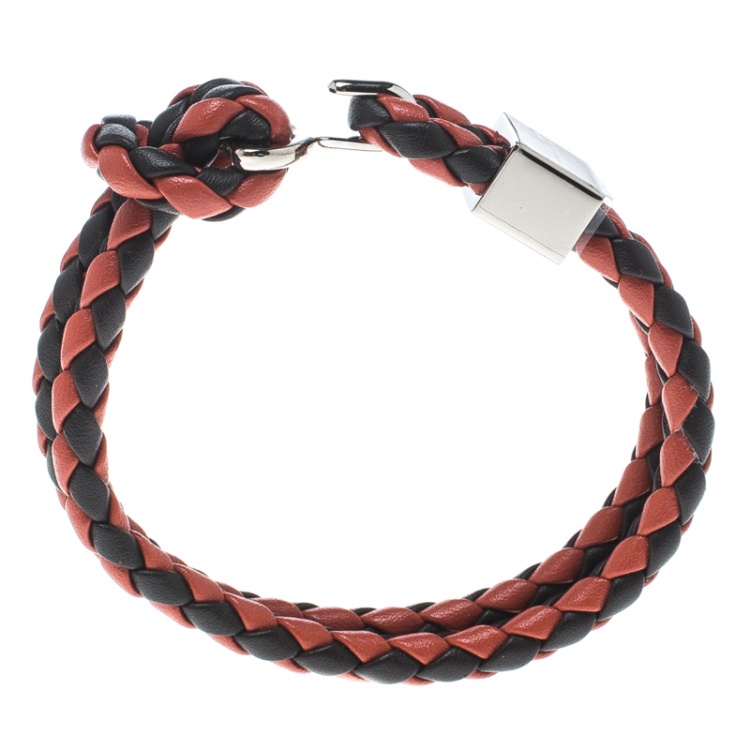 Pre Owned Burberry Two Tone Braided Leather Silver Tone Bracelet