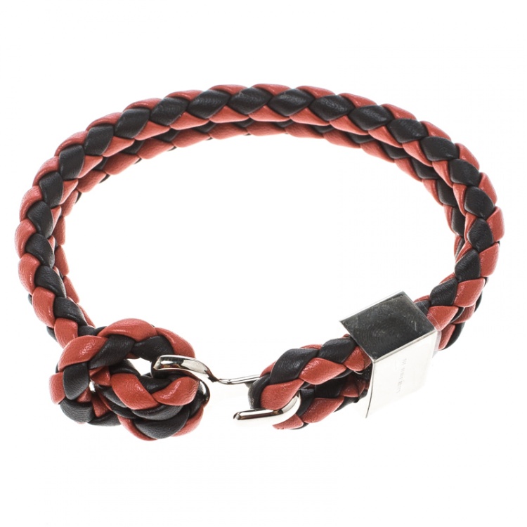 Pre Owned Burberry Two Tone Braided Leather Silver Tone Bracelet