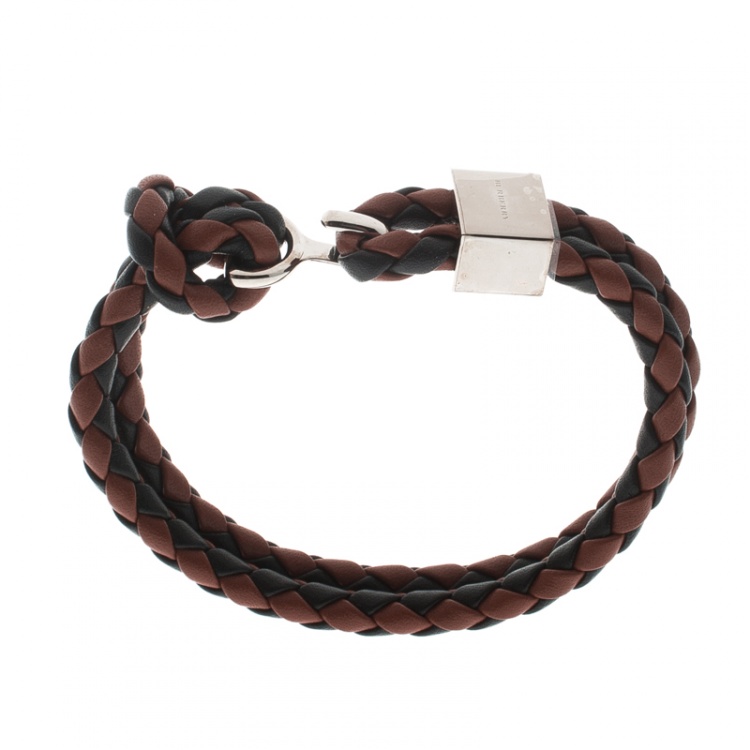 Pre Owned Burberry Brown & Black Braided Leather Silver Tone Bracelet 18cm