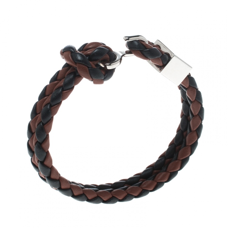 Pre Owned Burberry Brown & Black Braided Leather Silver Tone Bracelet 18cm