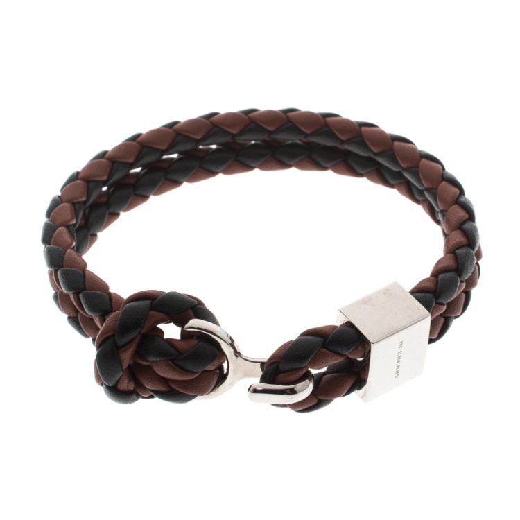 Pre Owned Burberry Brown & Black Braided Leather Silver Tone Bracelet 18cm