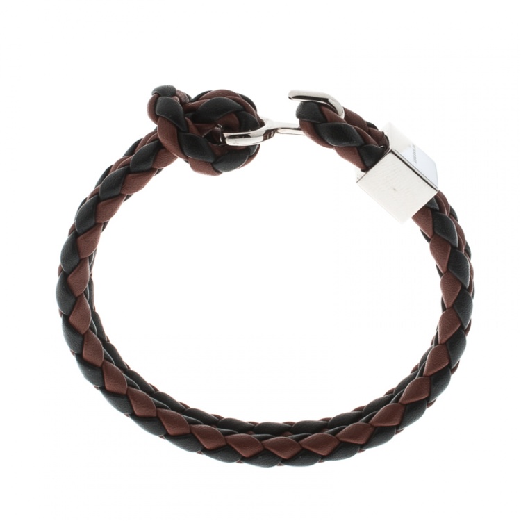 Pre Owned Burberry Brown & Black Braided Leather Silver Tone Bracelet 18cm