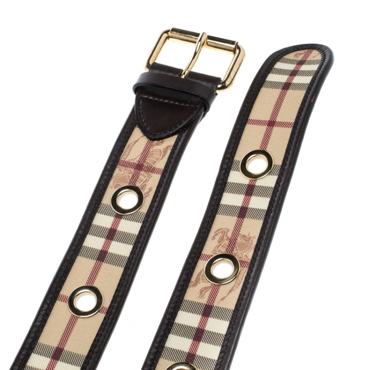 Pre Owned Burberry Dark Brown/Beige Haymarket Coated Canvas and Leather Eyelet Belt 110cm