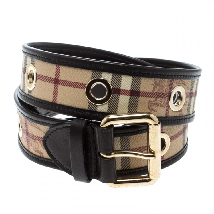 Pre Owned Burberry Dark Brown/Beige Haymarket Coated Canvas and Leather Eyelet Belt 110cm