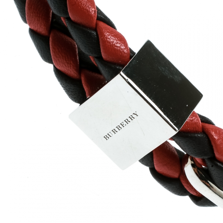 Pre Owned Burberry Two Tone Braided Leather Silver Tone Bracelet