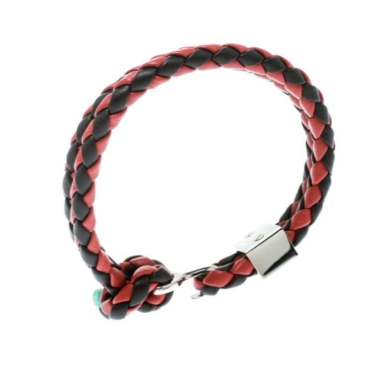 Pre Owned Burberry Two Tone Braided Leather Silver Tone Bracelet