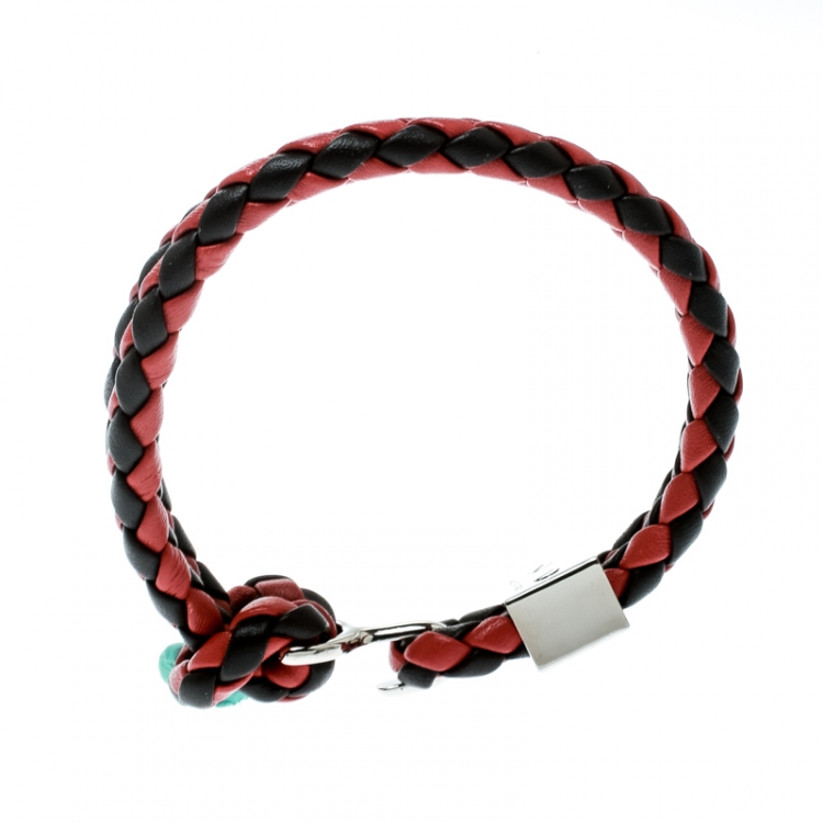 Pre Owned Burberry Two Tone Braided Leather Silver Tone Bracelet