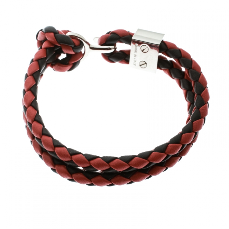 Pre Owned Burberry Two Tone Braided Leather Silver Tone Bracelet