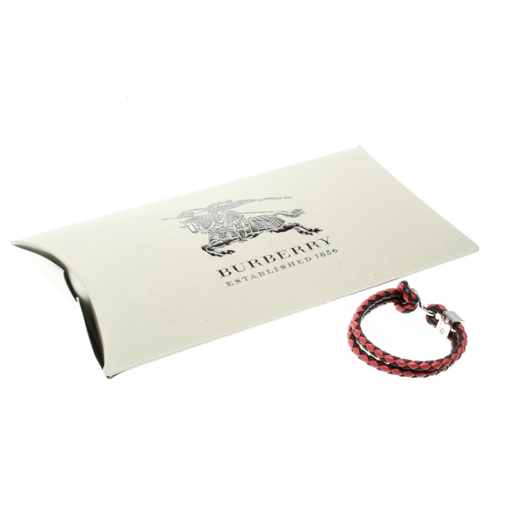 Pre Owned Burberry Two Tone Braided Leather Silver Tone Bracelet