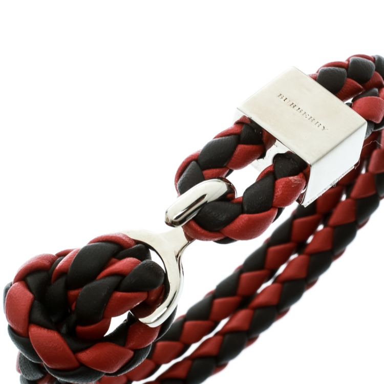 Pre Owned Burberry Two Tone Braided Leather Silver Tone Bracelet