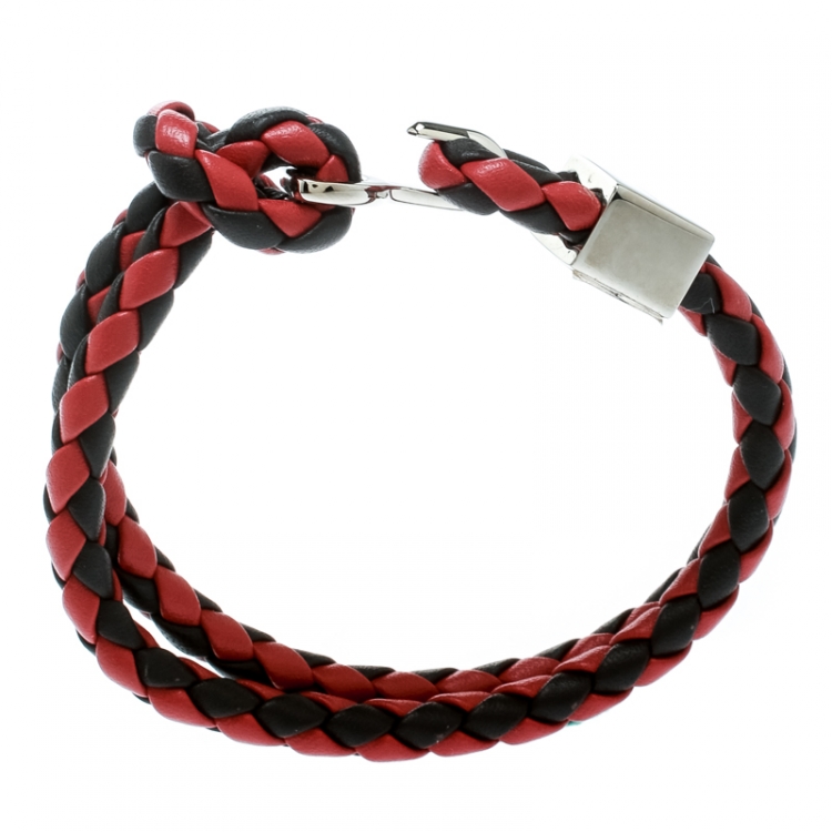 Pre Owned Burberry Two Tone Braided Leather Silver Tone Bracelet