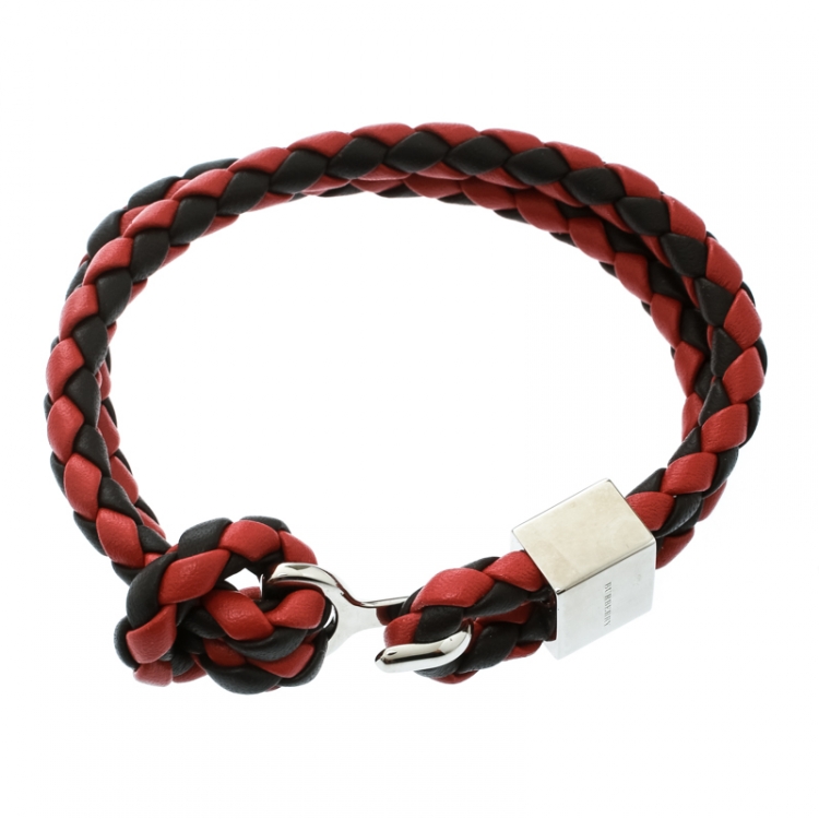 Pre Owned Burberry Two Tone Braided Leather Silver Tone Bracelet