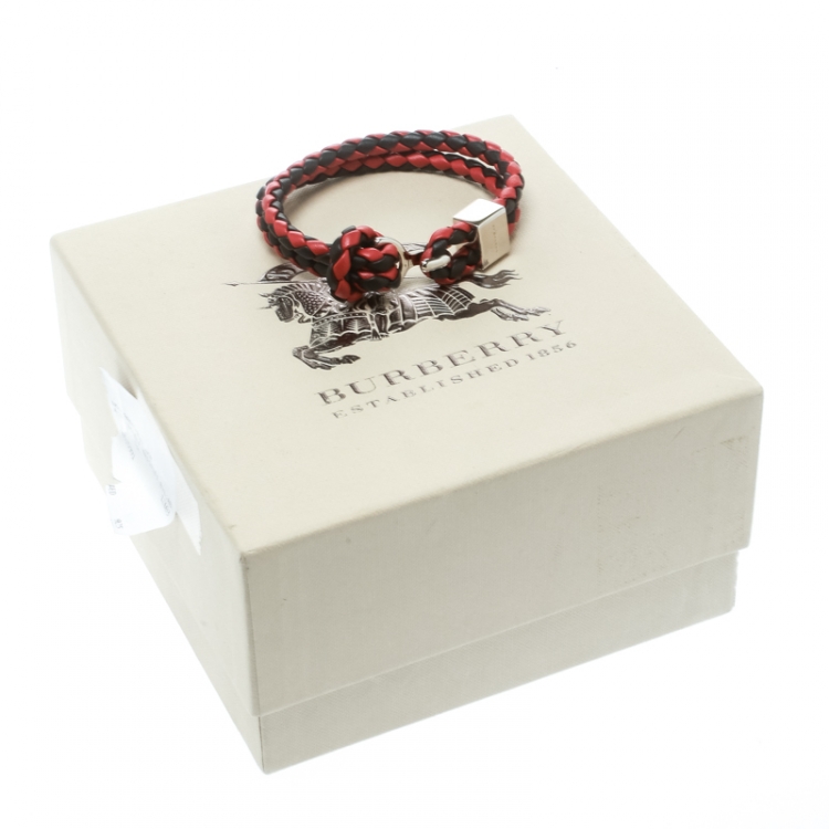 Pre Owned Burberry Two Tone Braided Leather Silver Tone Bracelet