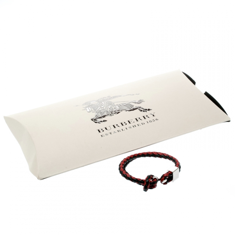 Pre Owned Burberry Two Tone Braided Leather Silver Tone Bracelet