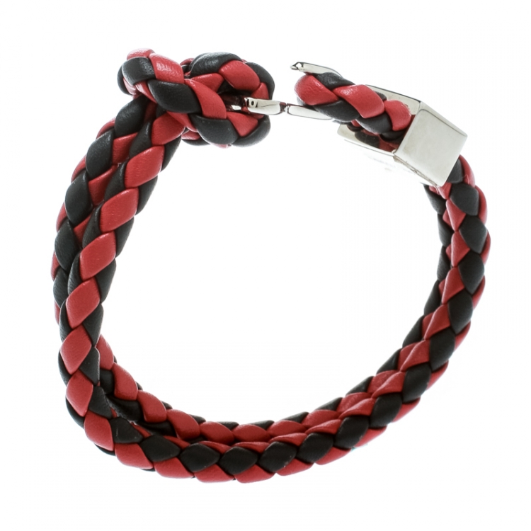 Pre Owned Burberry Two Tone Braided Leather Silver Tone Bracelet