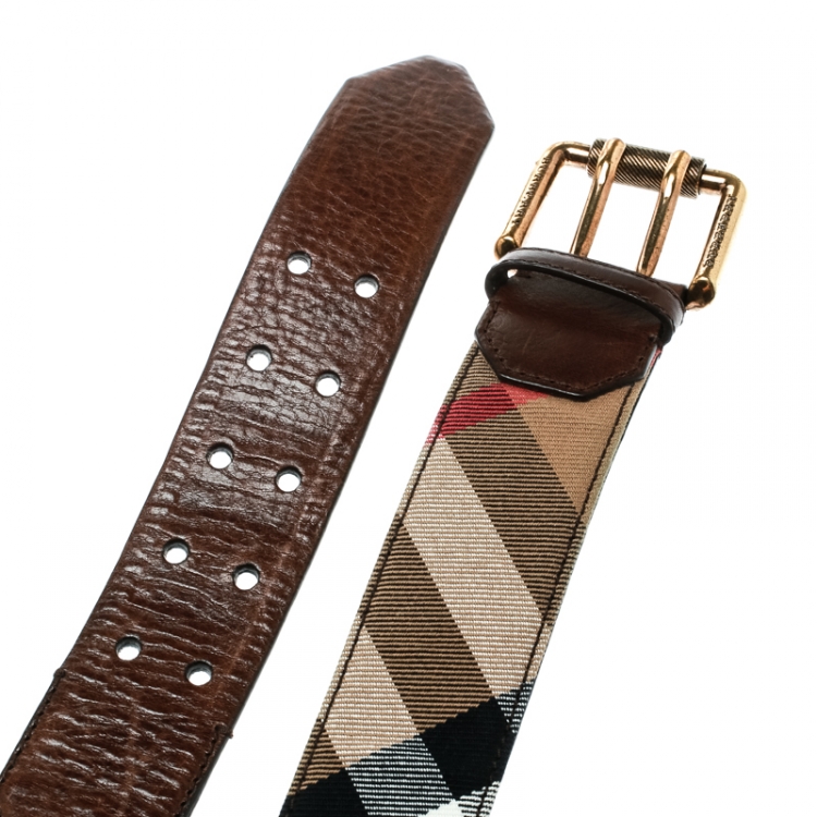 Pre Owned Burberry Beige/Brown Nova Check Fabric and Leather Double Prong Belt Size 90 CM