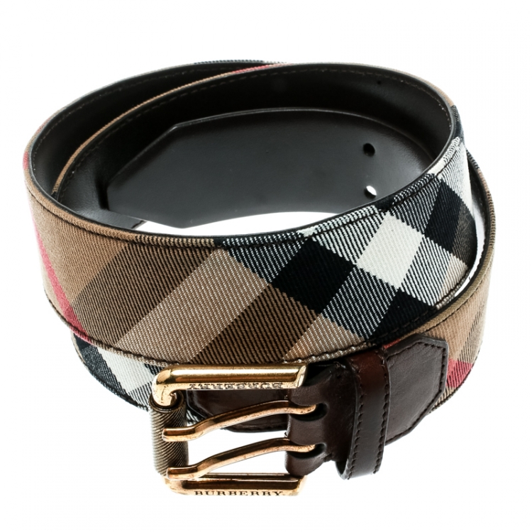 Pre Owned Burberry Beige/Brown Nova Check Fabric and Leather Double Prong Belt Size 90 CM