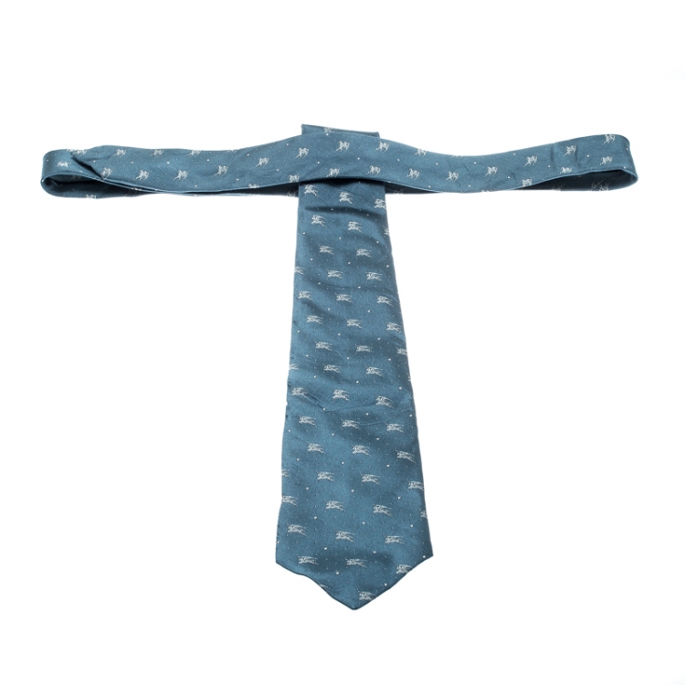 Pre Owned Burberry Blue Equestrian Knight Logo Pattern Silk Tie 
