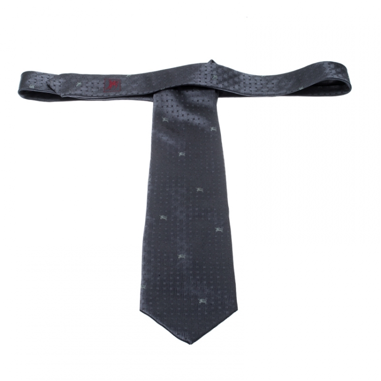 Pre Owned Burberry Dark Grey Monochrome Hatch Woven Pattern Silk Tie 
