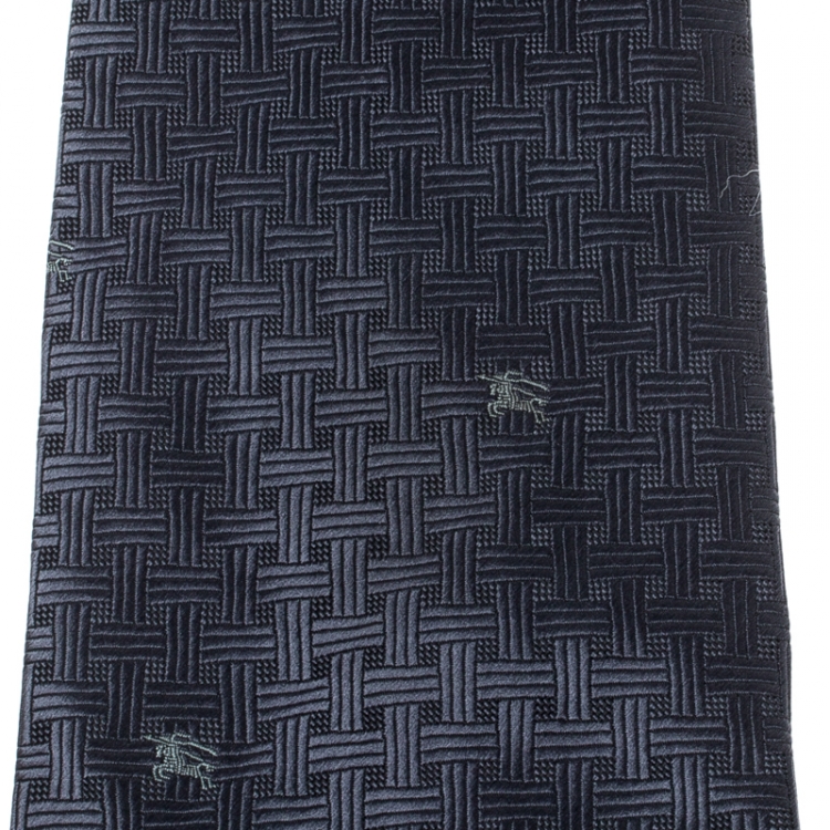 Pre Owned Burberry Dark Grey Monochrome Hatch Woven Pattern Silk Tie 