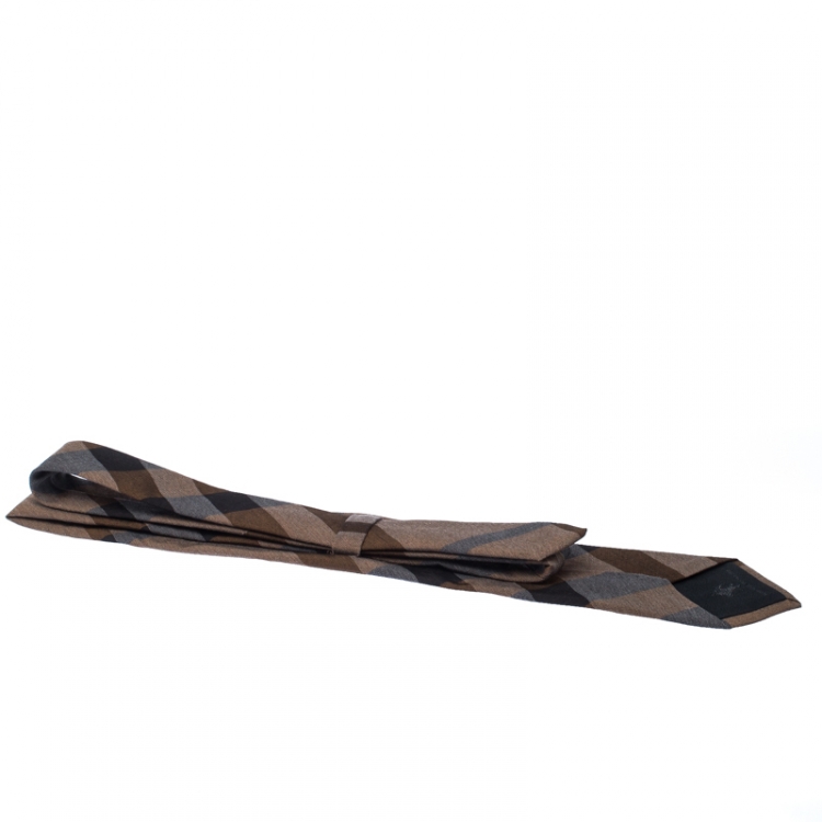 Pre Owned Burberry Brown Check Wool Silk Blend Classic Tie