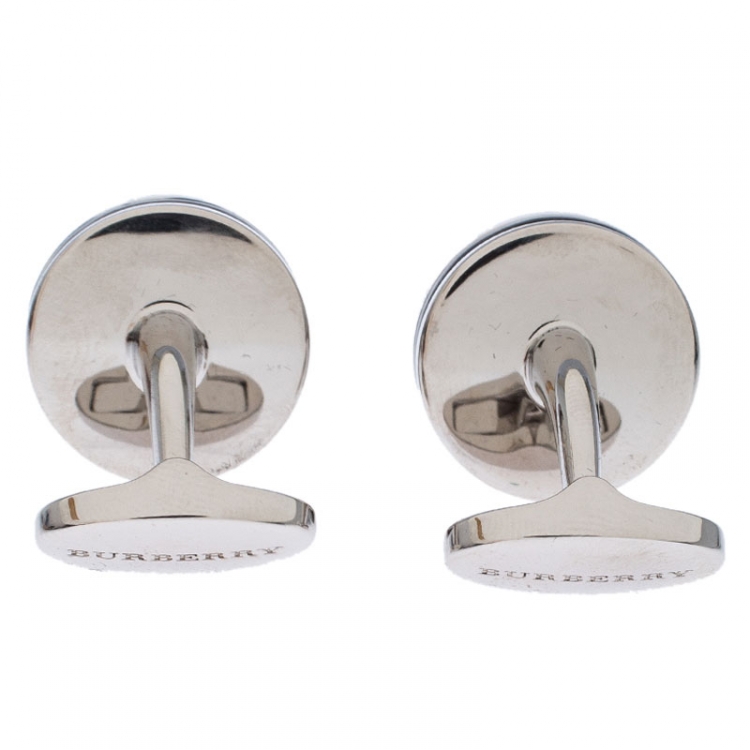 Pre Owned Burberry Stainless Steel Black Agate Tuxedo Studs and Cufflink Set