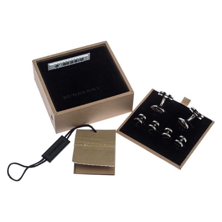 Pre Owned Burberry Stainless Steel Black Agate Tuxedo Studs and Cufflink Set