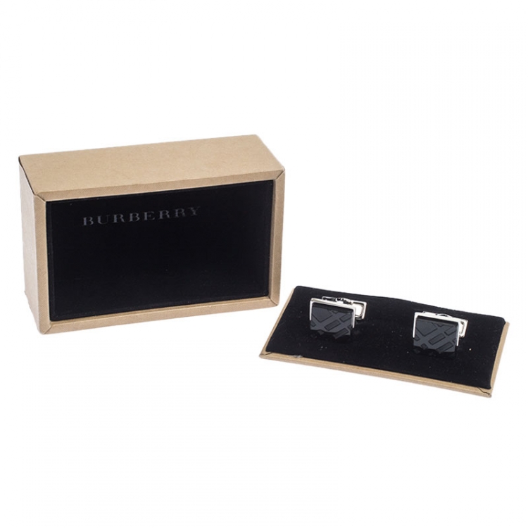 Pre Owned Burberry Silver Tone Check Engraved Square Cufflinks