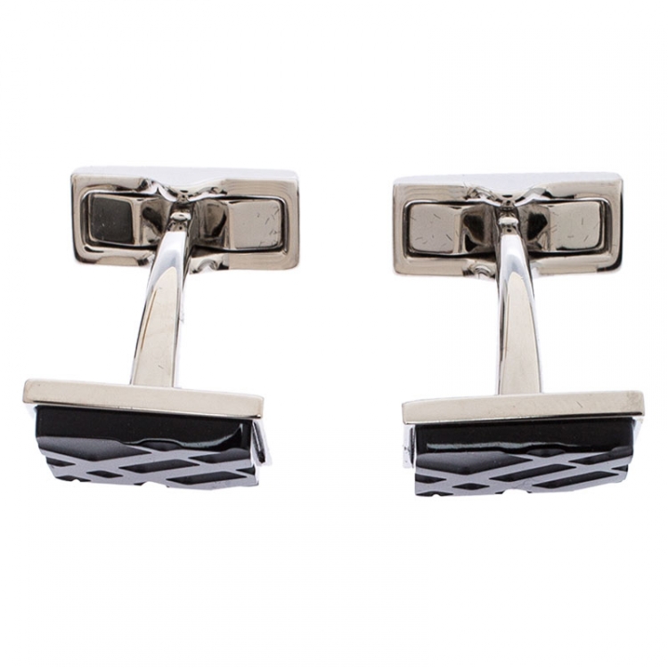 Pre Owned Burberry Silver Tone Check Engraved Square Cufflinks
