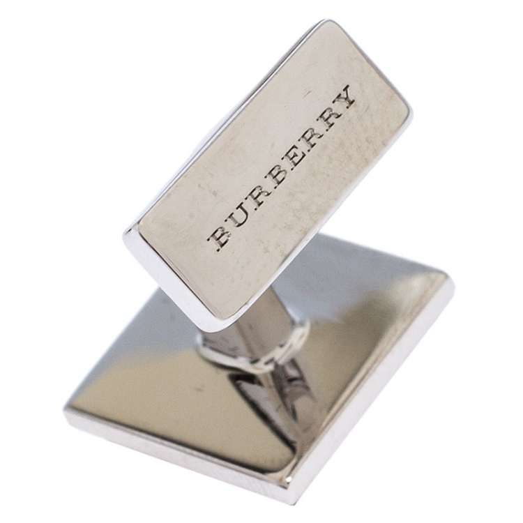 Pre Owned Burberry Silver Tone Check Engraved Square Cufflinks