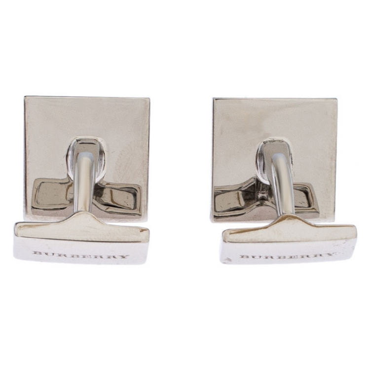 Pre Owned Burberry Silver Tone Check Engraved Square Cufflinks